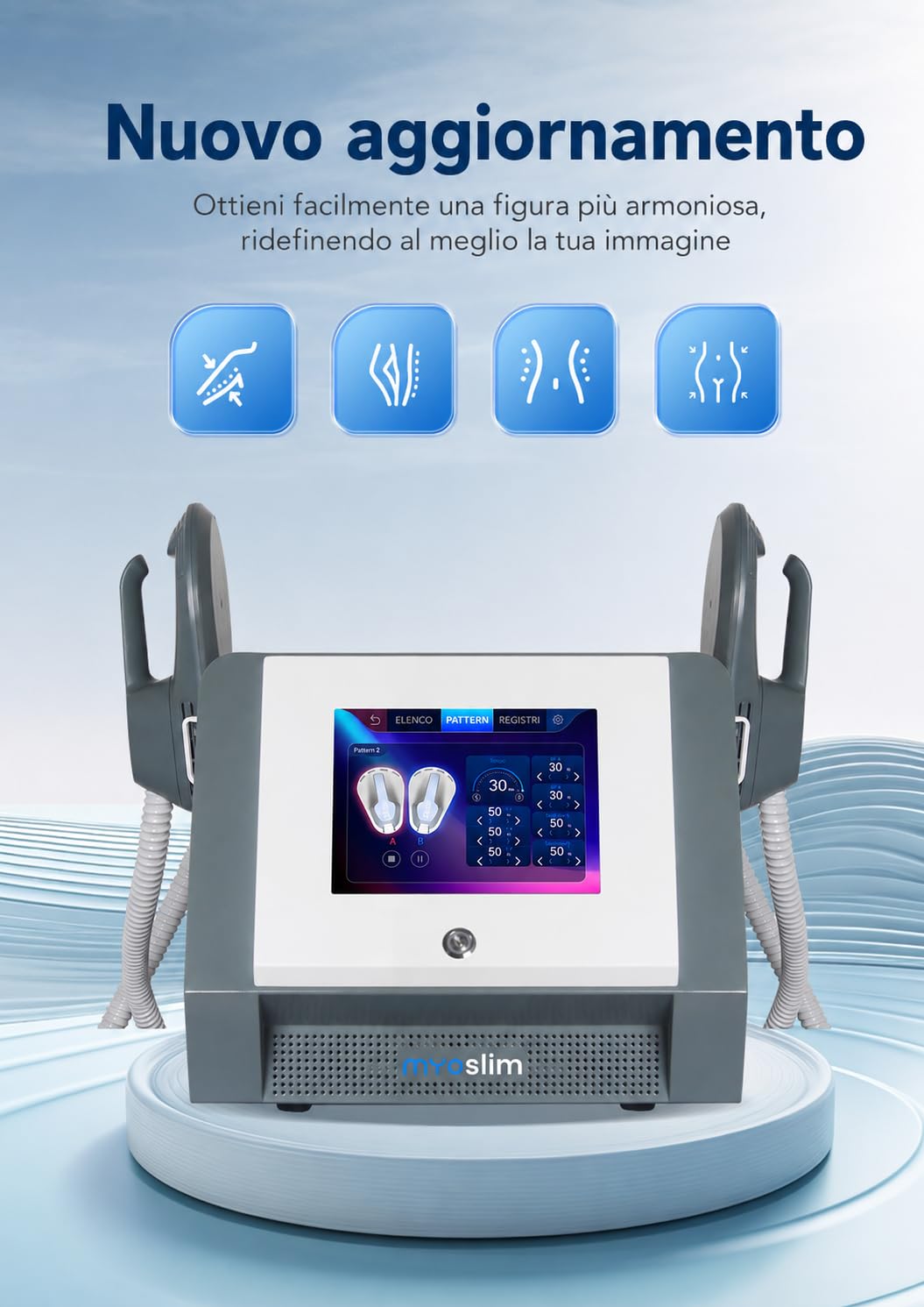 myoslim Macchina EMS Body Sculpt a 2 Manipoli, Dispositivo per Rimodellamento Estetico del Corpo, Elettrostimolazione Muscolare, Schermo Tattile, Uso Salone