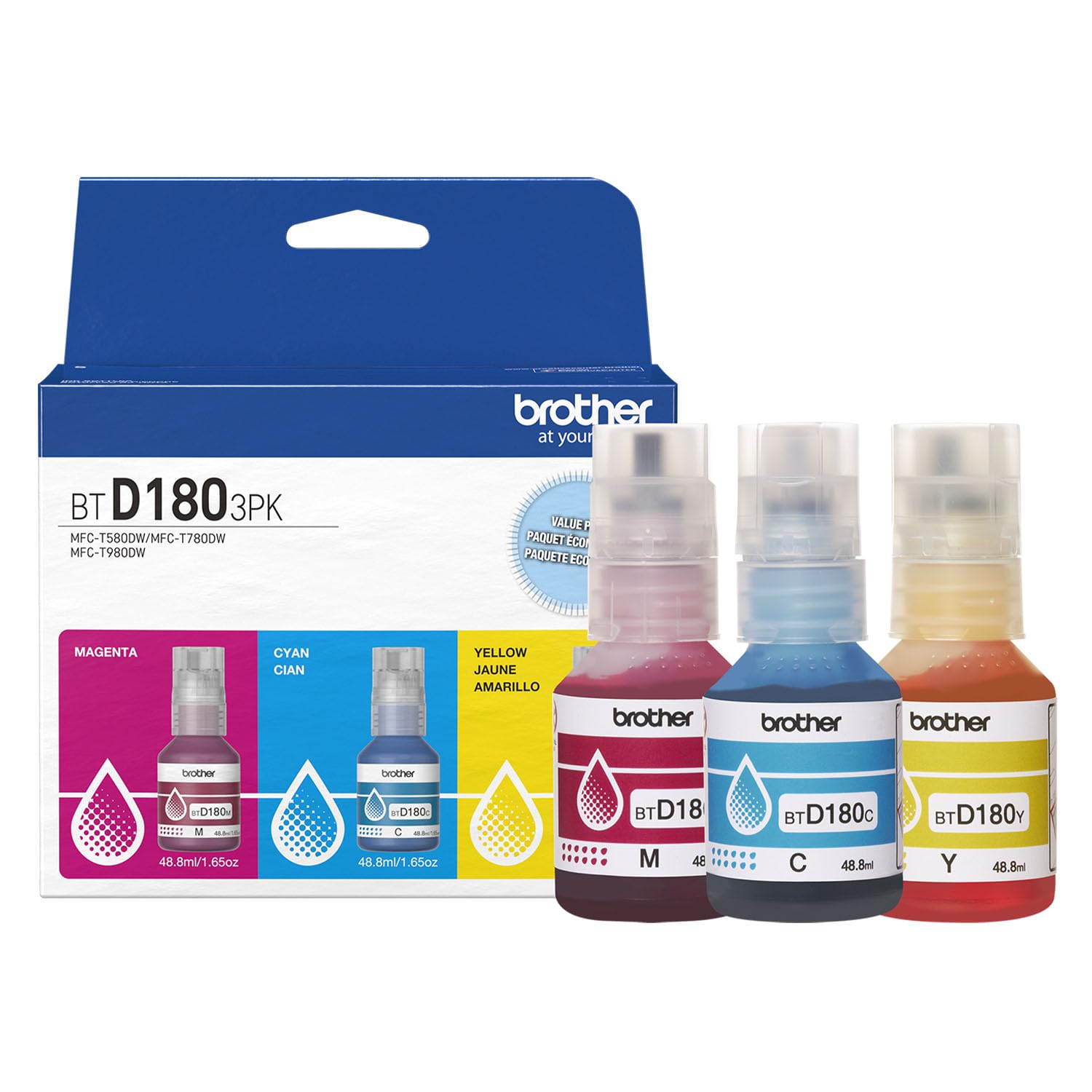 Brother Genuine BTD1803PK 3-Pack High Yield Cyan, Magenta, and Yellow Ink Bottles (for use with 580, 780, and 980 Printers) Brother Genuine BTD1803PK 3-Pack High Yield Cyan, Magenta, and Yellow Ink Bottles (for use with 580, 780, and 980 Printers)