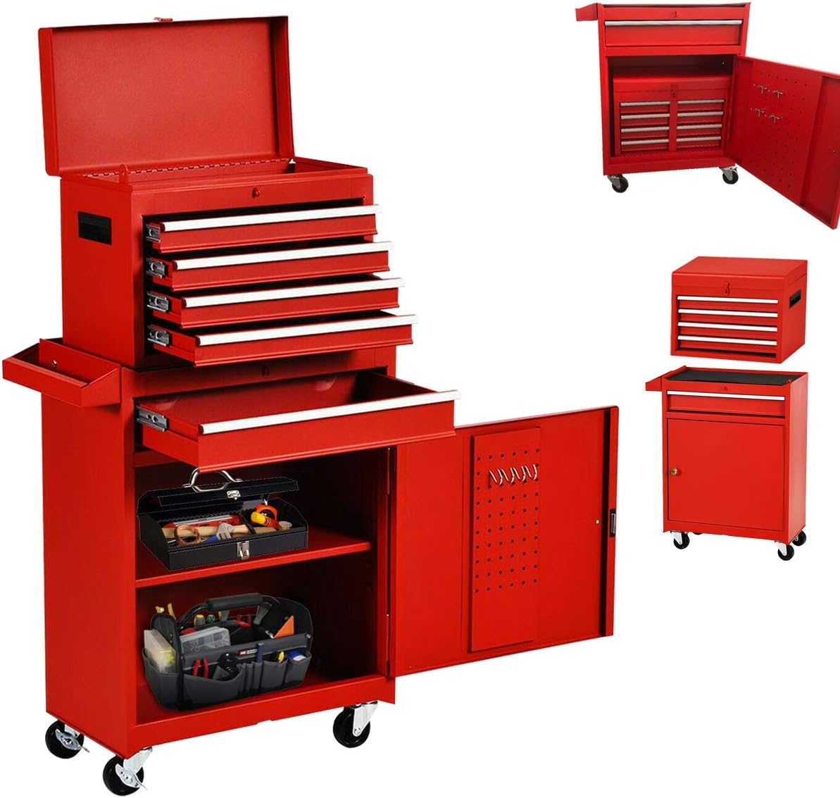 5-Drawer Rolling Tool Box, Lockable Tool Box with Wheels and Drawers, Detachable Tool Chests & Cabinets with Workbench, Removable Tool Storage Cabinet for Garage Workshop (Red)