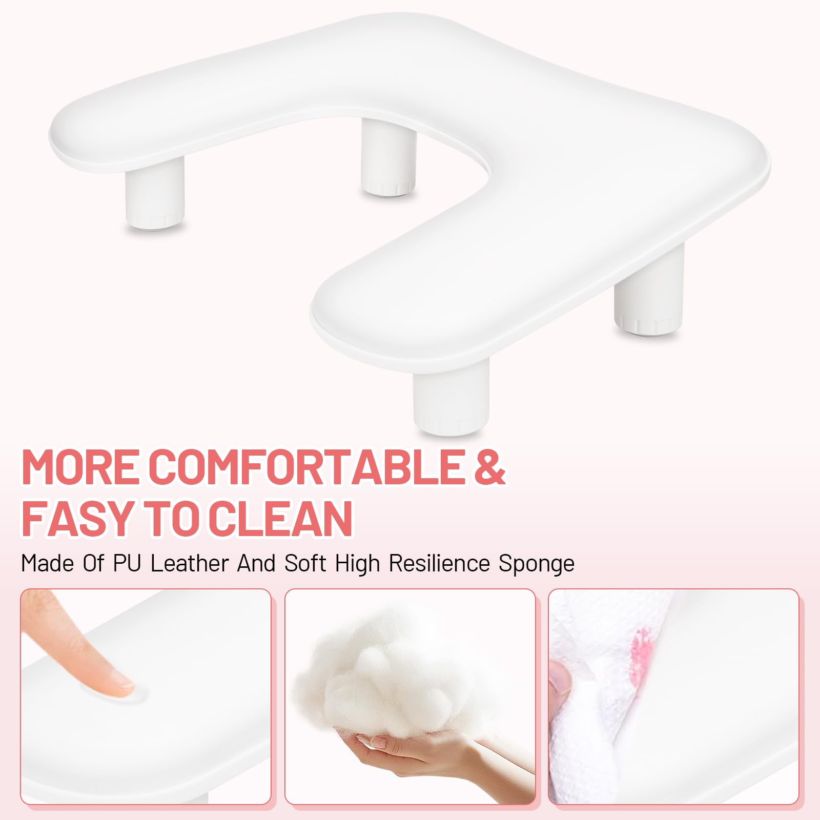 Reposabrazos para Uñas de U para manicura – Reposamanos para Uñas,Almohadilla para manos ajustable en altura de cuero PU antideslizante,cojín de apoyo para técnicas de uñas – Blanco