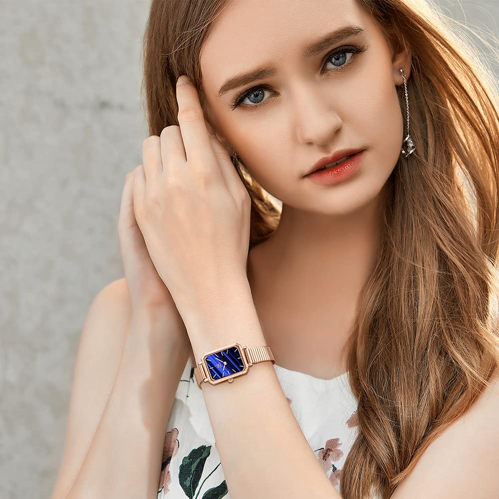 SHENGKE SK Plaza Reloje Mujere Correa de Malla de Acero Inoxidable Banda de Cuero Rectangular Relojes de Pulsera para Mujeres