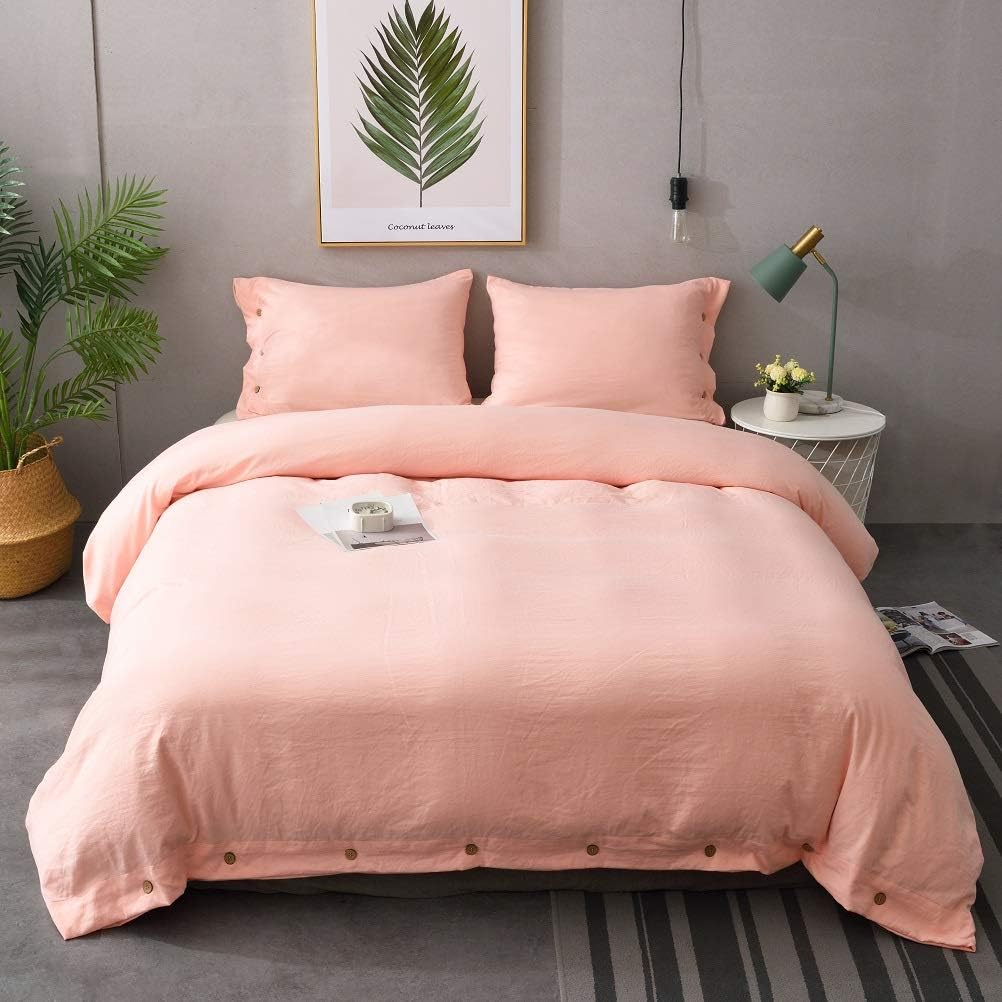 M&Meagle Pink Duvet Cover,Solid Color Button Design,100% Microfiber Treated by Washed Cotton Process,Feels Like a Very Soft Cotton-King Size(3Pcs,1 Duvet Cover 2 Pillowcases)