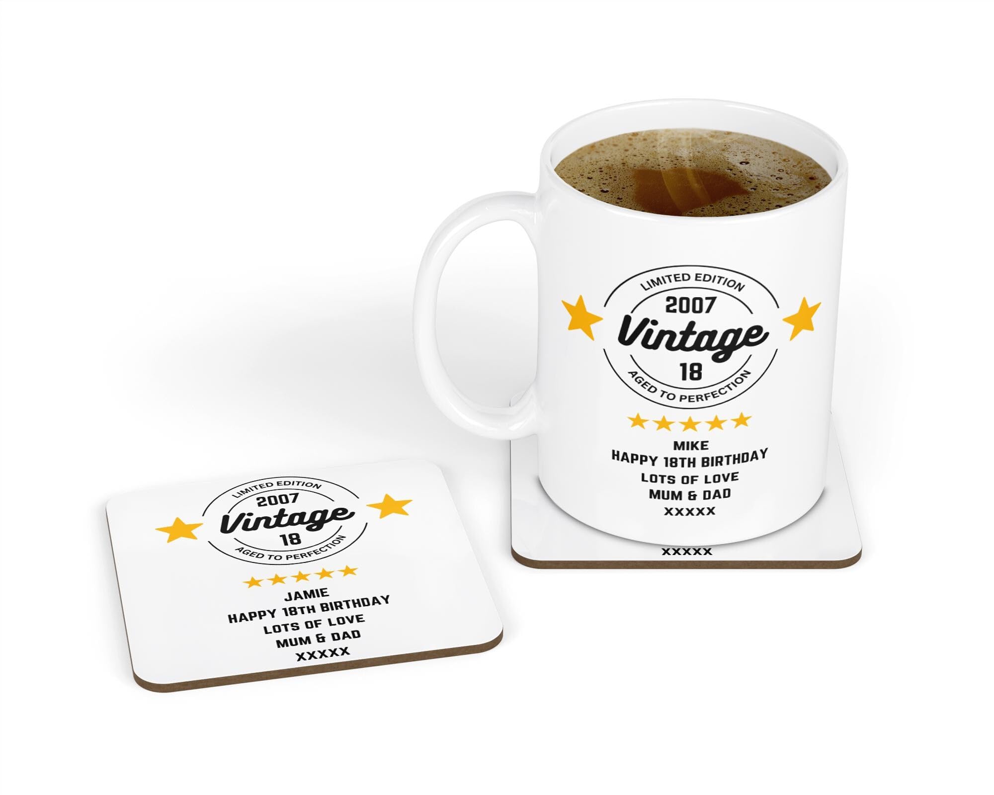 Personalised Mug & Coaster Gift Set - Vintage Birthday Design for Him Her Son Dad Grandad 18th 21st 30th 40th 50th 60th 70th 80th