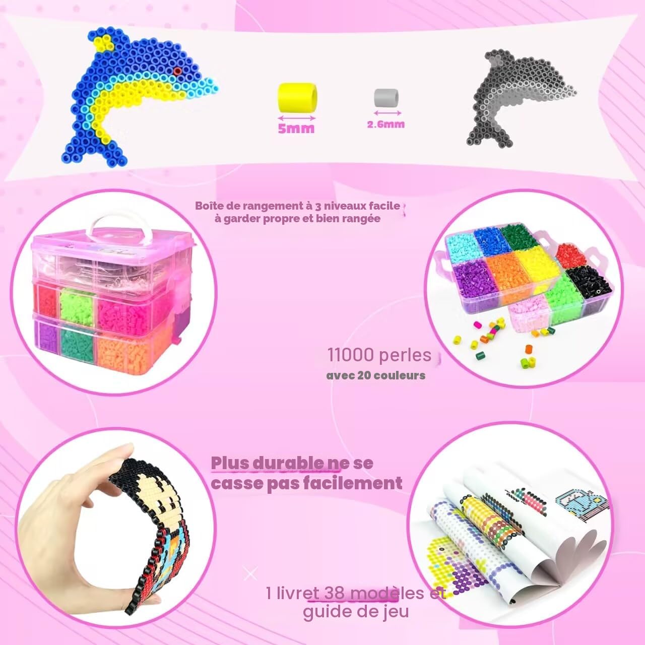 Set De Perles à Repasser, 11000 Pièces Perles De 5MM Avec Boîte De Rangement, Plaque Perle Papier à Repasser, Guide d'utilisation, Conception DIY De Bijoux, Pour Enfants Cadeau Noël Anniversaire