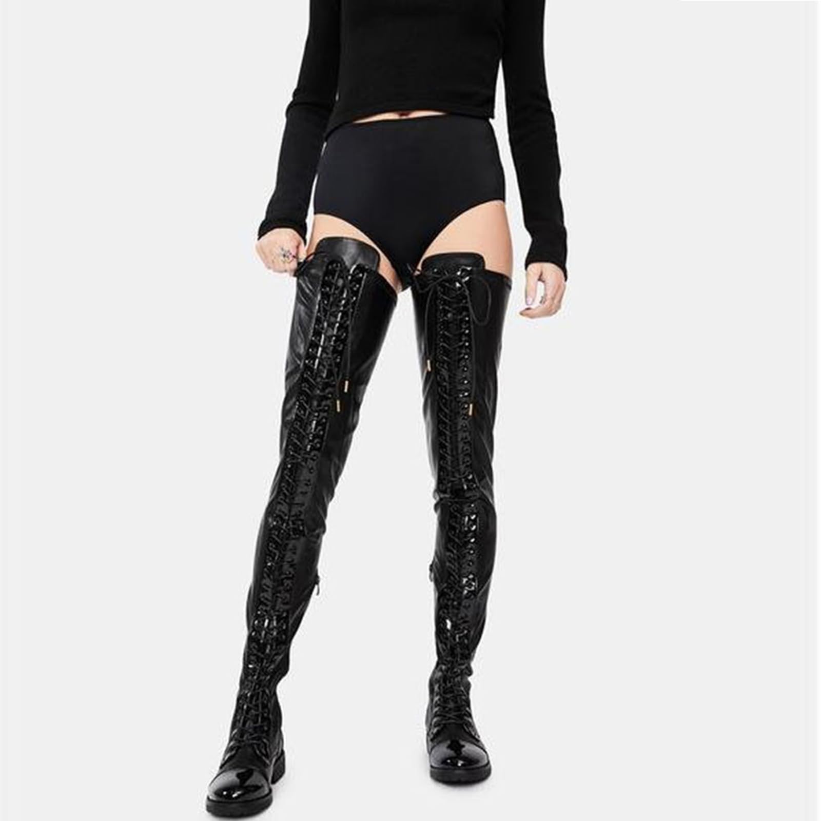 Sexy Nightclub Lace-Up Lato Cerniera Tacco Basso Stivali Over-The-Knee Plus Size Stivali delle Donne