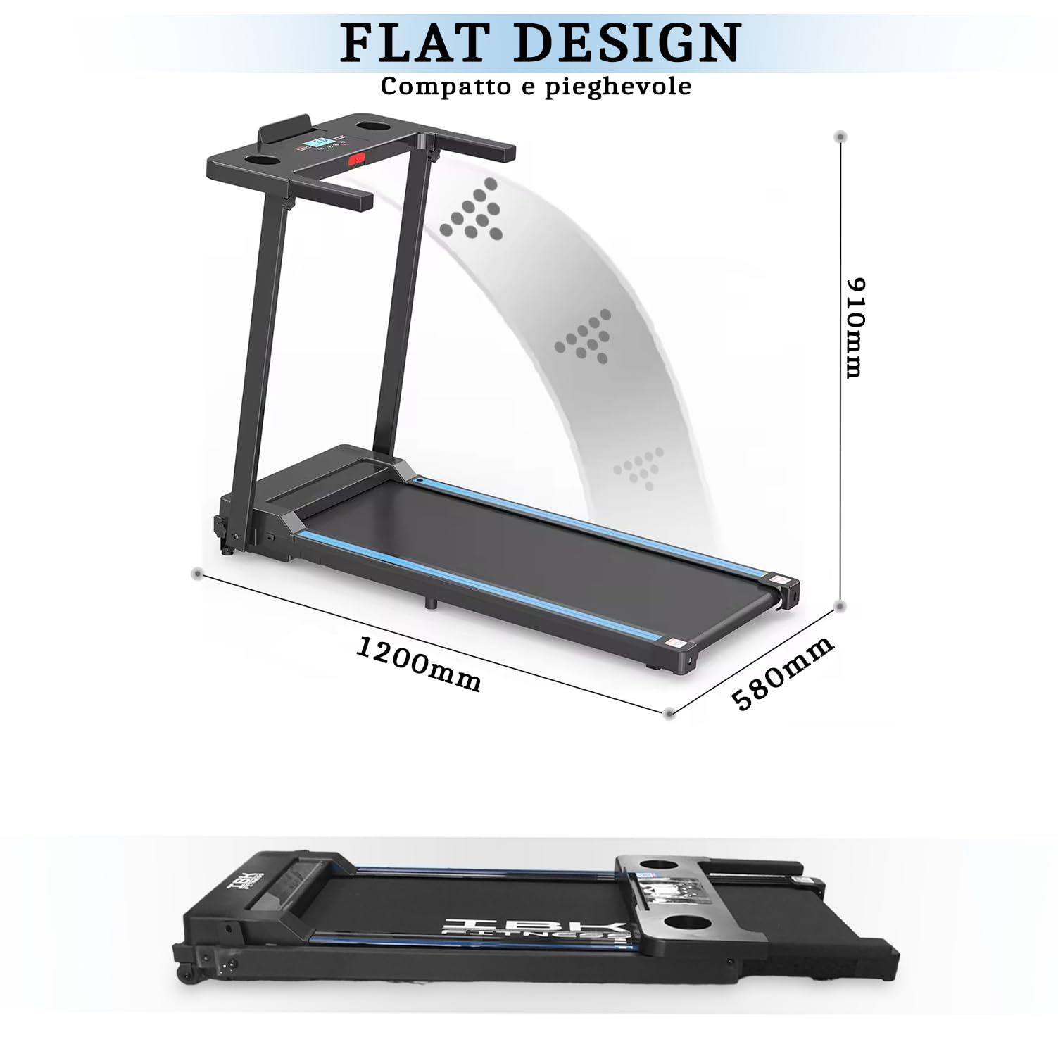 Tapis Roulant elettrico SLIM Home Fitness, Tappeto da corsa pieghevole salvaspazio, Telecomando, Bluetooth integrato, Smartwatch Cardio, App KINOMAP ZWIFT FitShow Velocità regolabile 10 km/h
