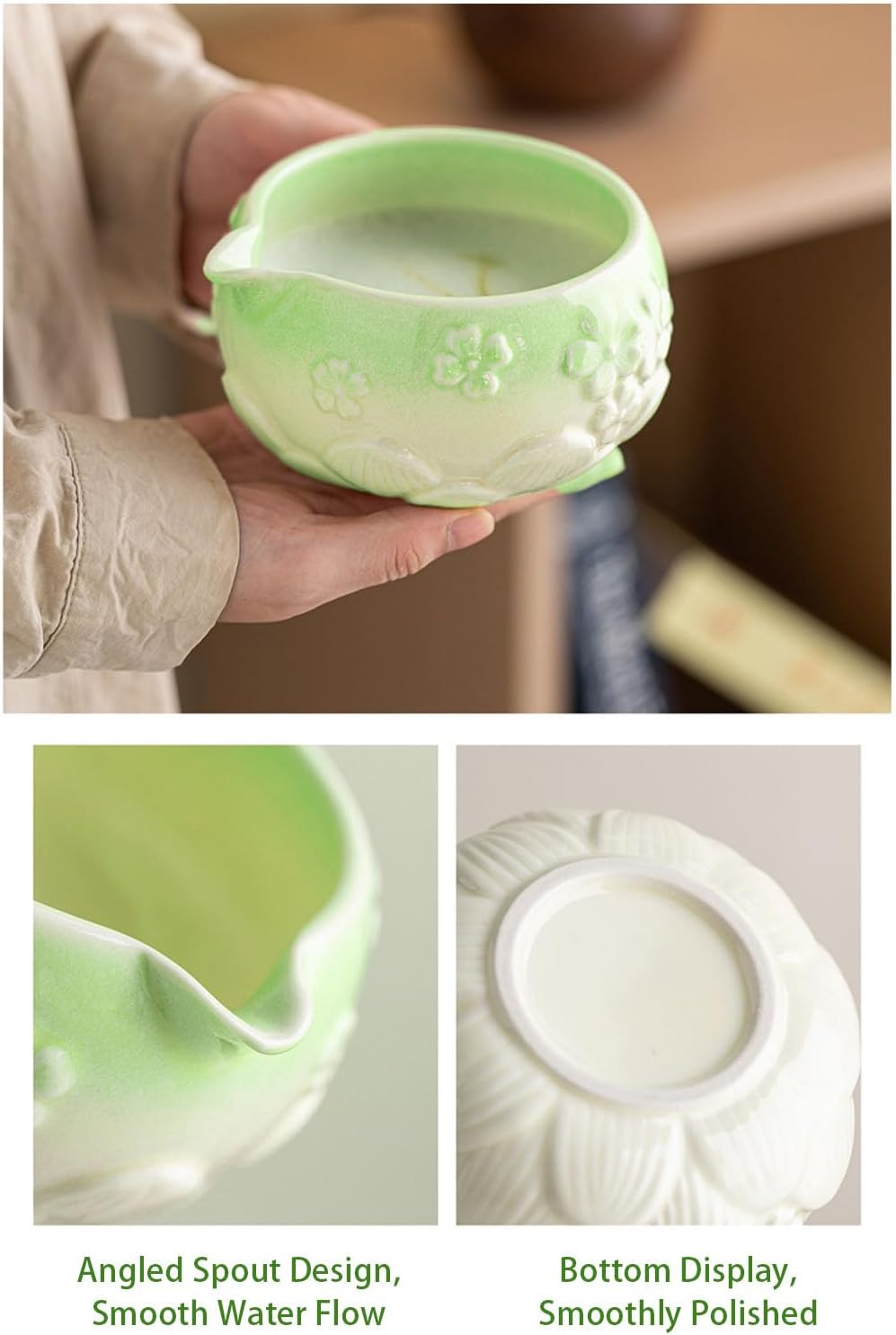 Yosoo Matcha Whisk Set, Elegant Ceramic Tea Ceremony Kit with Accessories for Traditional Japanese Tea Making, Smooth Pouring and Rich Texture, Raised Flower Design Bowl (Green)