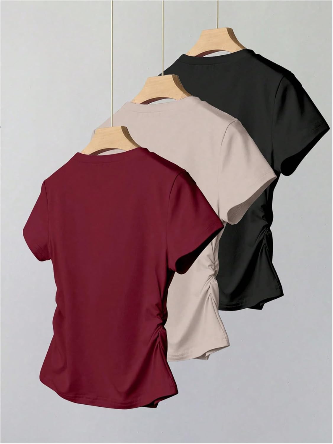 SOLY HUX Women's Bow Shirt Short Sleeve Crew Neck Ruched T-Shirts Summer Tee Tops 3 Packs - Image 2