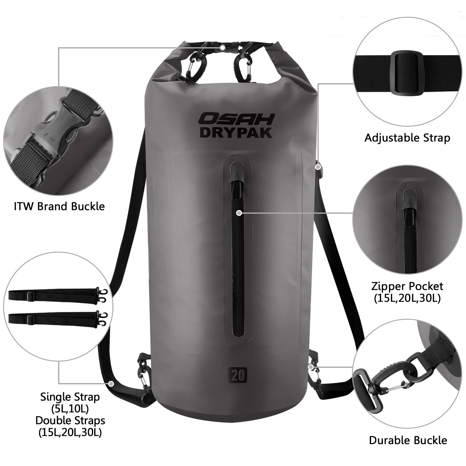 OSAH DRYPAK Borse Impermeabile Sacca Dry Bag 5L 10L 15L 20L 30L con Tracolla Regolabile per Spiaggia Sport d'Acqua Trekking Kayak Canoa Pesca Rafting Nuoto Campeggio