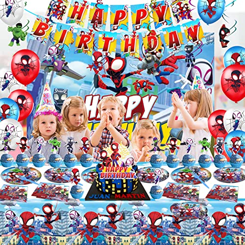 Superhero Birthday Party Supplies, Party Supplies For Kids Include Happy Birthday Banner, Background, Hanging Swirls Decorations, Balloons, Plates, Cutlery, Napkins, Cake Topper And Table Cover, Great Birthday And Baby Shower Tableware And Decorations Set #TOP6