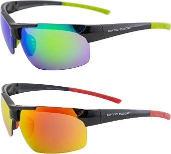 Frontrunner Sports & Motorcycle Sunglasses for Men or Women Semi-Rimless Black Frame w/Green & Red Mirror Lenses