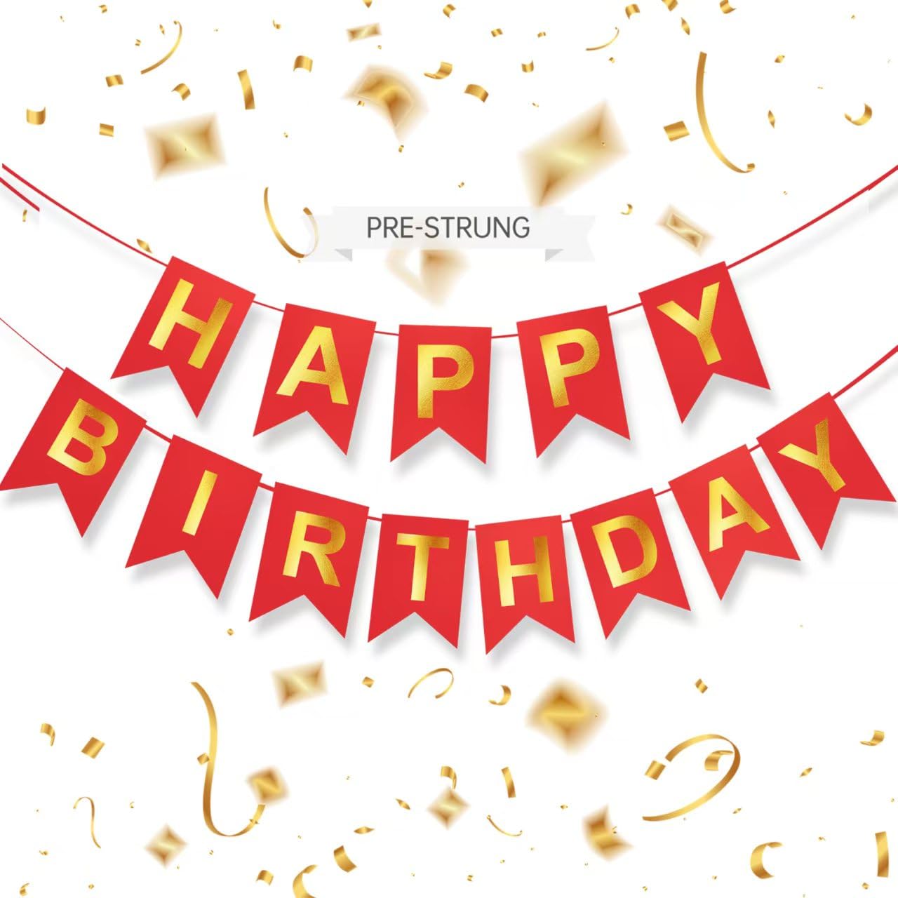 Red Happy Birthday Banner - 16 ft Pre-Strung Gold &amp; Red Birthday Party Decorations Sign for Girls, Boys, Kids, Women - No DIY Hanging Backdrop for Indoor &amp; Outdoor Celebrations