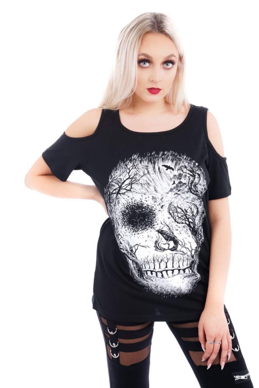 Ro RoxNight Skull Raven Moonlight Gothic Cold Shoulder Top T-Shirt