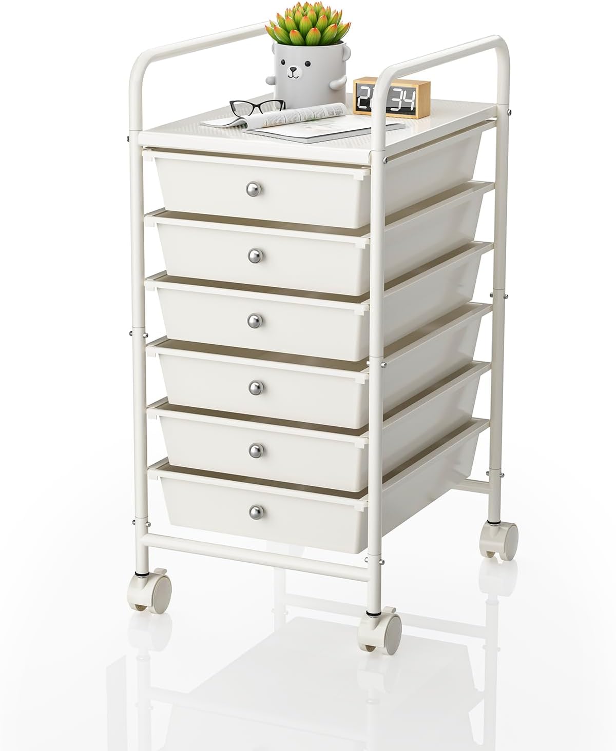 6-Tier Utility Cart with 6 Drawers, Rolling Utility Cart with 2 Lockable Caster Wheels, Multipurpose Mobile Rolling Drawer Cart for Office Bathroom Kitchen, Ivory White White 6-Tier