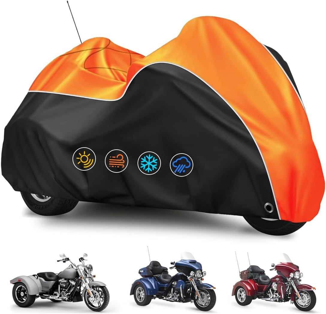 COVERVIN Trike Cover, Waterproof 3 Wheel Motorcycle Cover for Harley Honda Goldwing Freewheeler Tri Glide Ultra, with Antenna Opening, Windproof Buckles & Reflective Strips (Black&Orange)