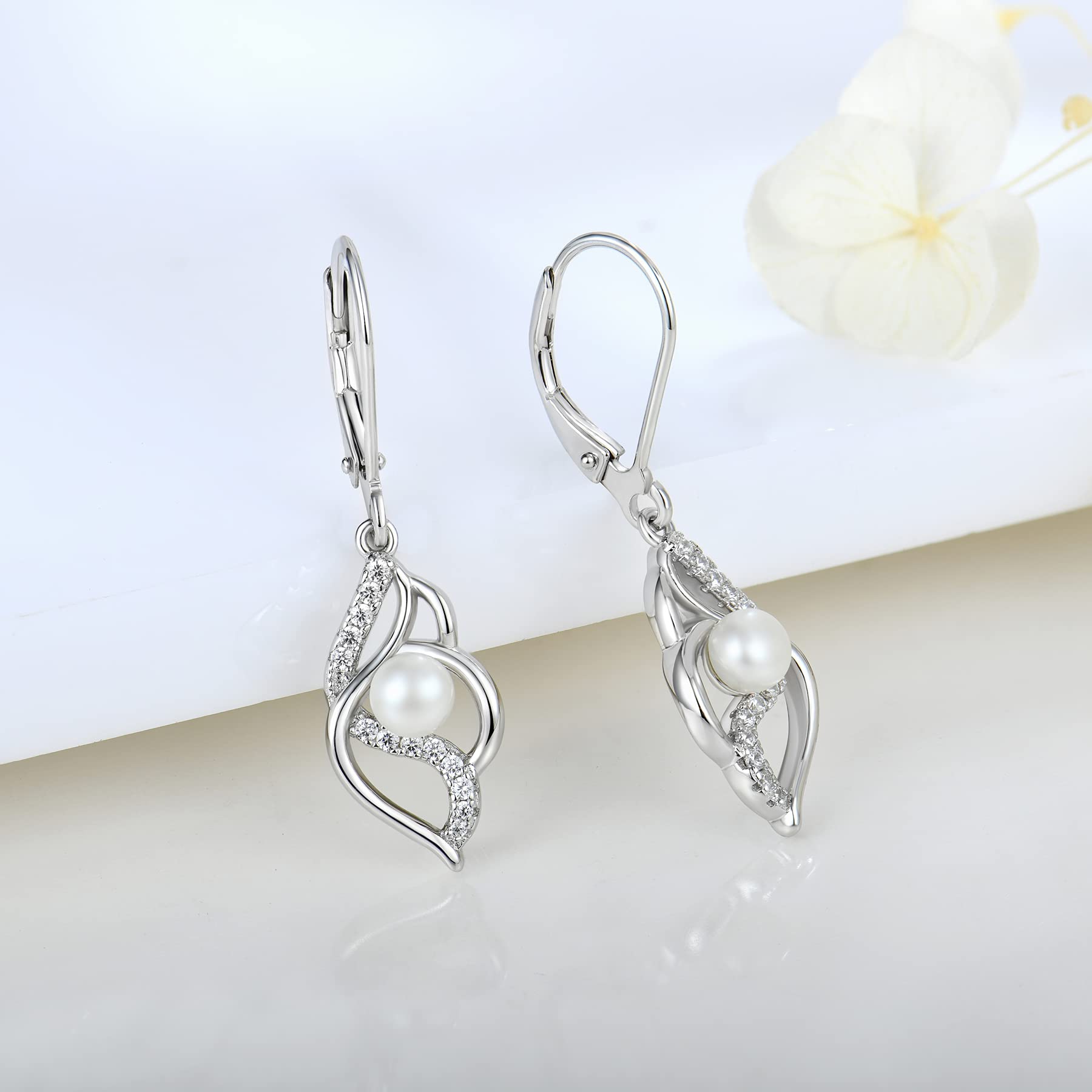 JO WISDOM Ohrringe Hängende Unendlichkeit Silber 925,Perlenohrringe Damen mit 3A Zirkonia mit 8mm Süßwasserperle,Schmuck für Frauen