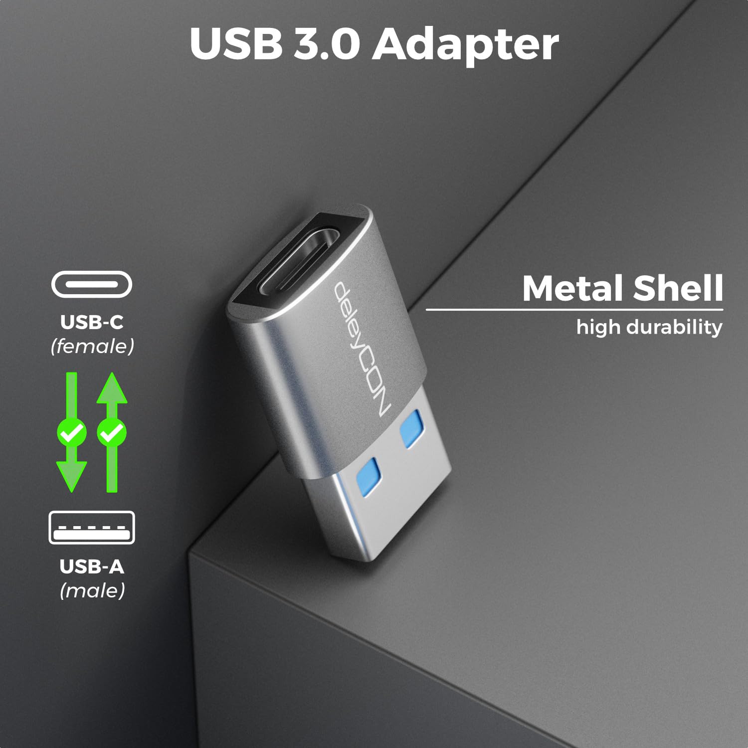 deleyCON Adattatore USB C (2 Pezzi) USB 3.0 5 Gbps - Presa USB-C A Spina USB-A - per iPhone Serie 17/16/15, iPad, Galaxy Serie S25/S24/S23, A56, A16, Laptop, Notebook, CarPlay ecc.