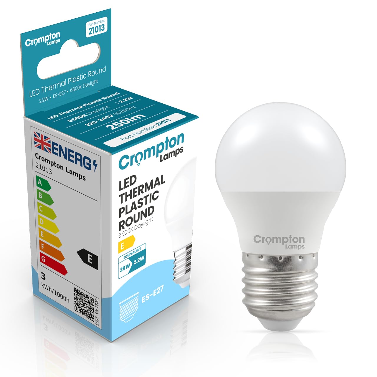 Crompton Lamps Golfball LED E27 Bulb | 2.2W = 25W Equivalent | Daylight 6500K | Energy Efficient | Edison Screw Lightbulb | Long Life 15,000-Hrs | Bulbs for Lamps