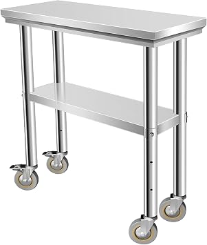 Stainless Steel Table for Prep 30 x 12, Heavy Duty Work Table with 4 Casters for Commerical Kitchen, Restaurant, Home and Hotel, Silver
