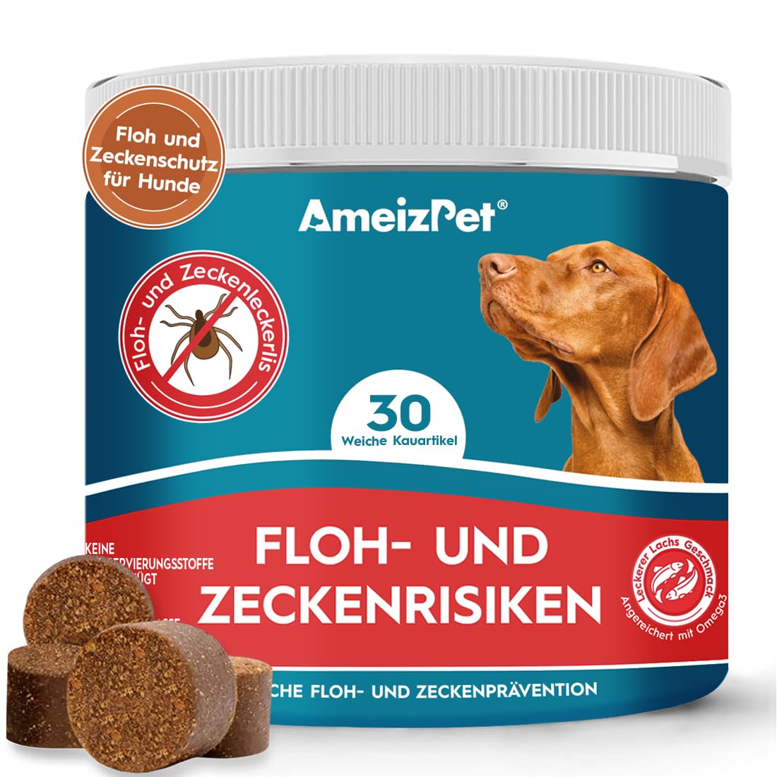 AmeizPet Floh Und Zeckenschutz Für Hunde, Zeckenschutz Hund, Anti Floh Hund Verstellbar Floh-Und Zecken Prävention, Verdauungsenzyme Für Alle Rassen Geeignet, 30 Hunde Leckerlis, 67.5g (2.3 Oz)