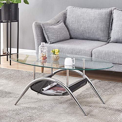 Homesailing Modern Clear Glass Coffee Table Round With Storage Space Living Room Large Tempered Glass Sofa End Tea Table Rectangular With Chrome Legs For Office Waiting Reception Furniture #TOP5