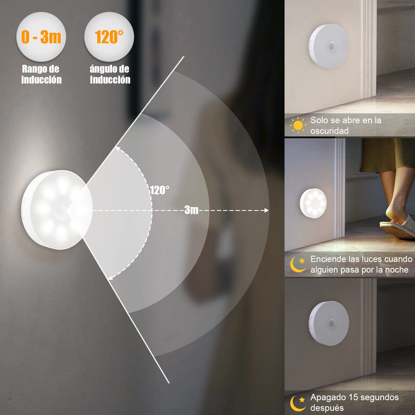 3 Pack Luz Nocturna LED Recargable por USB, Sensor de Movimiento para Interiores, 8 LED, 3 Modos (AUTO/ON/Off), para Dormitorio, Armarios, Pasillo, Escaleras, Garaje, Entrada (Blanco)