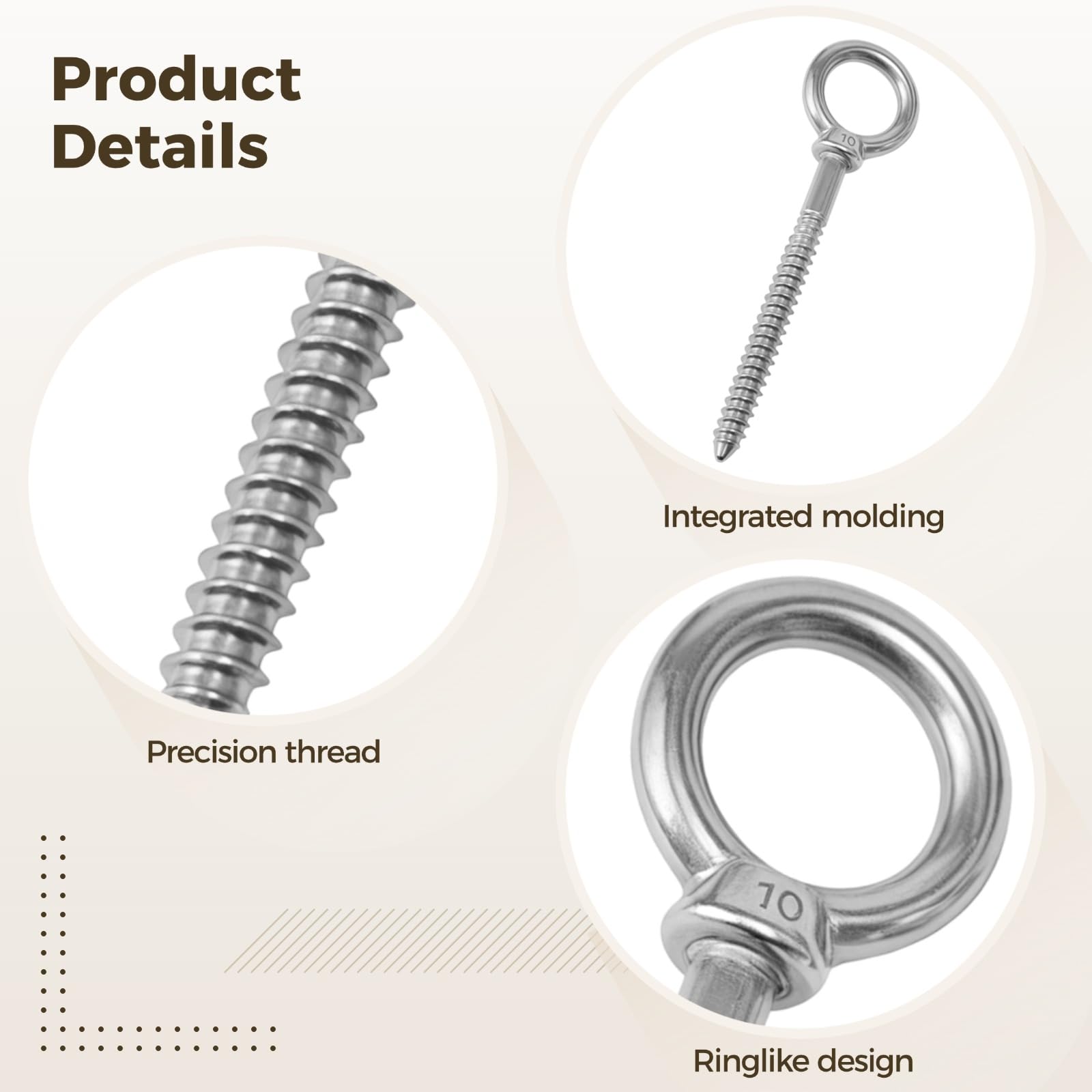 Lot de 4 crochets à œil en acier inoxydable 304, 10 mm, vis autotaraudeuses à visser, crochets de suspension robustes, argent