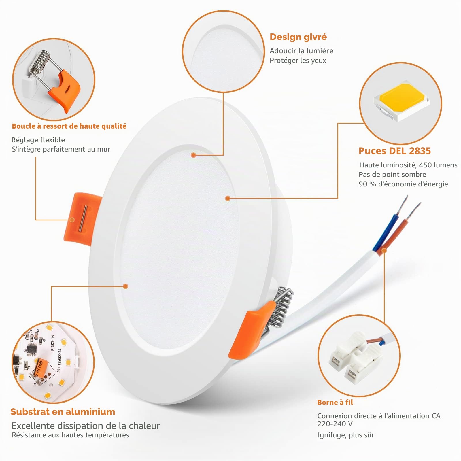Tomosu Spot LED Encastrable Extra Plat, 5W 450LM Equivalent 50W Incandescence, IP44 Spot Etanche Salle de bain, Blanc Neutre 4000K, Trou Φ75-90mm, AC220-240V, Lot de 10