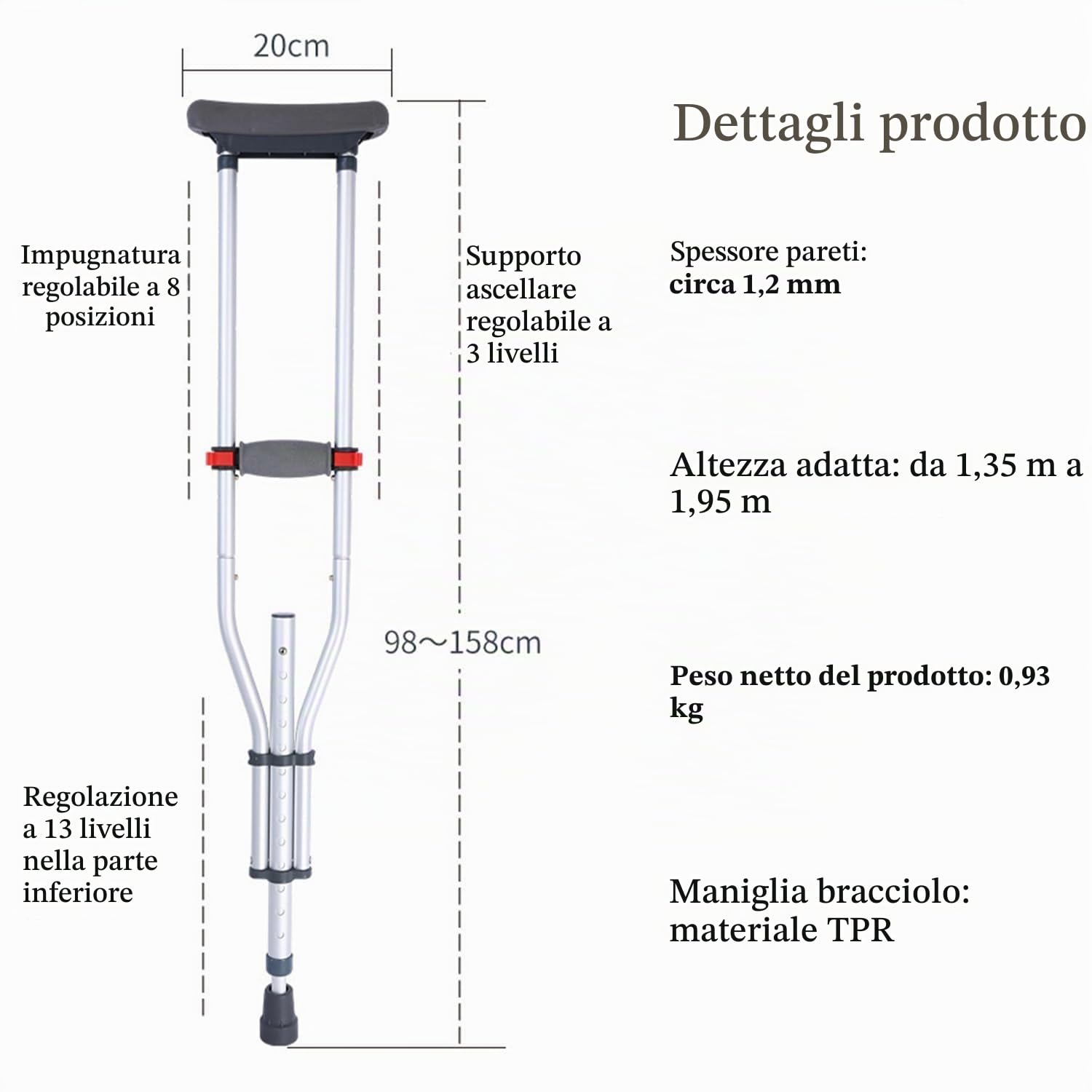 Stampelle Ascellari Pieghevole,Sottobraccio Stampelle,Bastone Universale In Alluminio,Con Imbottitura Morbida,Regolabile Da 98 a 158 Cm,Ausiliario Per Persone Con Difficoltà Motorie(Coppia)