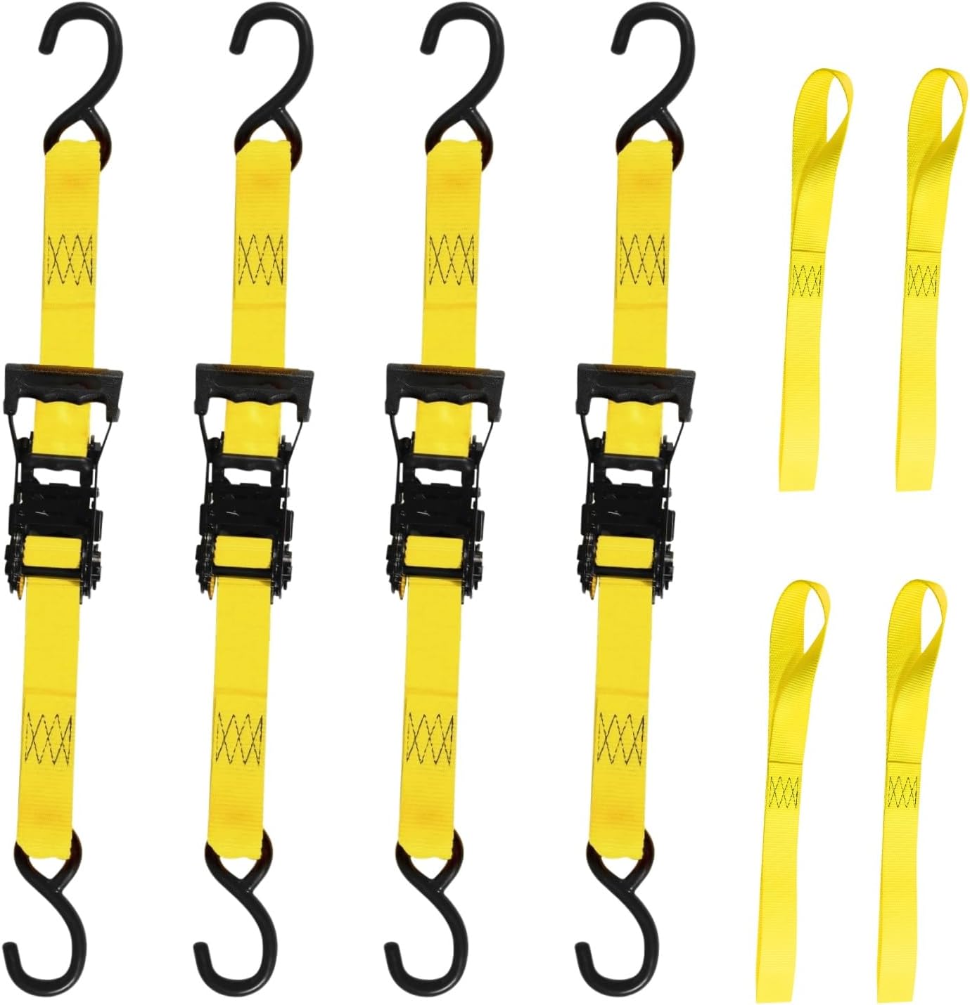 Ratchet Tie Down Straps, 1.5 inch x 12ft, 4400 LBS Break Strength for ATV, UTV, Motorcycle, Pickup Truck, Trailer, Rubber Coatded S-Hook and Soft Loop-4 Pack