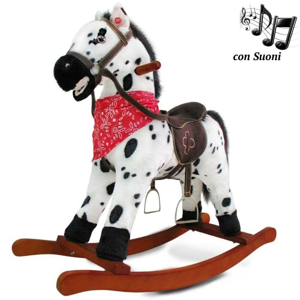 BAKAJI Cavallo a Dondolo per Bambini con Suoni Realistici, Animale che Nitrisce e Muover la Bocca, Pony a Pois con Struttura in Legno e Rivestimento in Morbido Tessuto, Gioco Idea Regalo