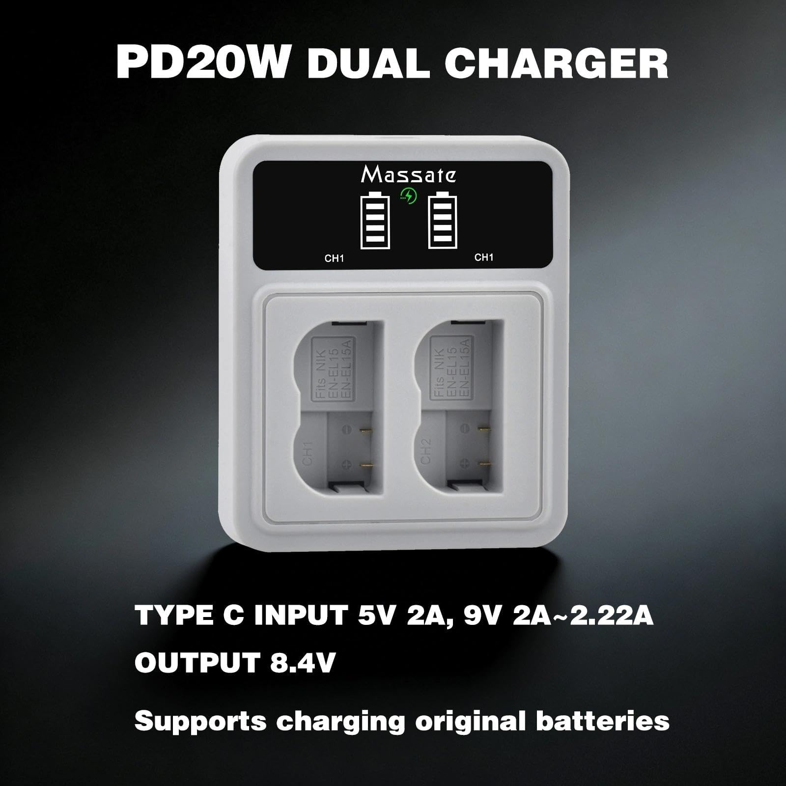 Zestaw 2 baterii 2600 mAh EN-EL15c EN-EL15 + szybka ładowarka LED PD20W [pełne ładowanie w 2,5 godziny], do Nikon D500 D600 D610 D750 D800 D810 D850 D7000 D7200 D77200 D7700 D77200 D77 500, Z5