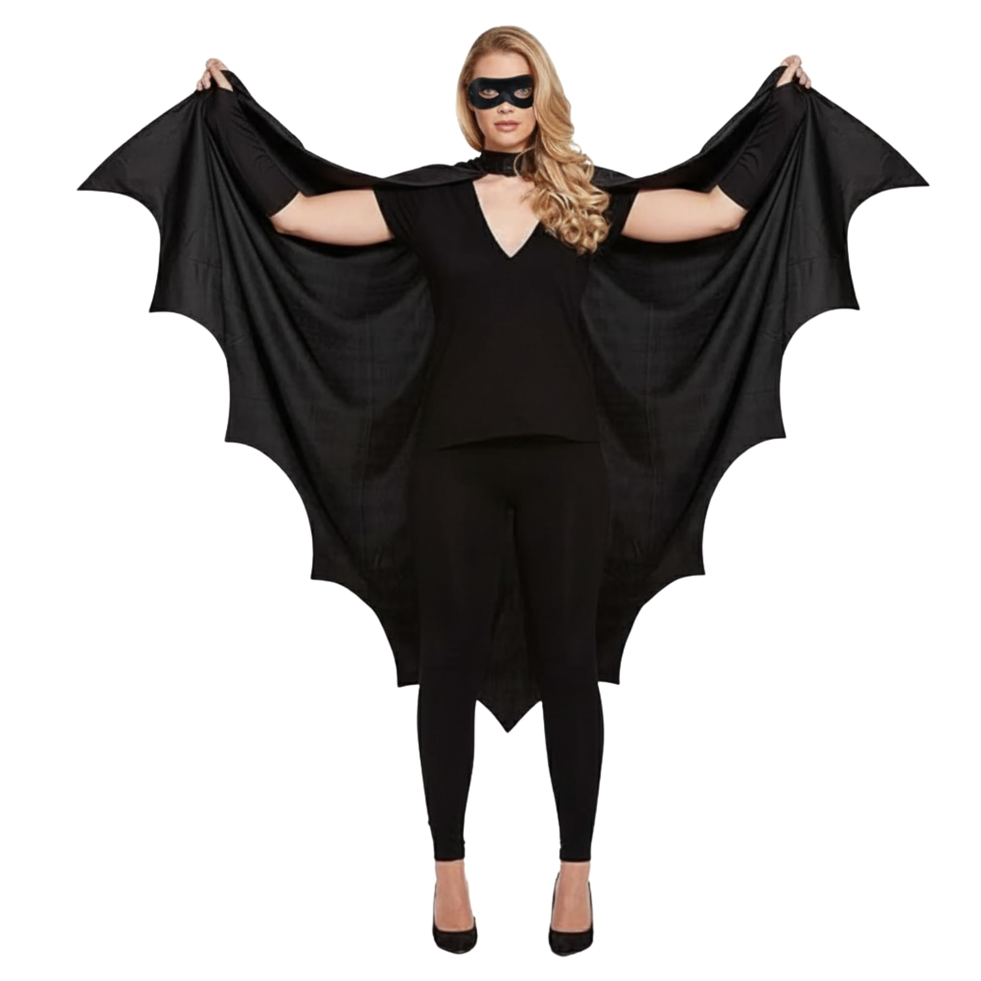 FUN FABLES Adult Black Bat Fancy Dress Costume Accessory | Cape with Domino or Black Mask | Unisex Costume for Halloween, Masquerade, Cosplay & Parties – One Size (Bat Cape & Eye Mask)