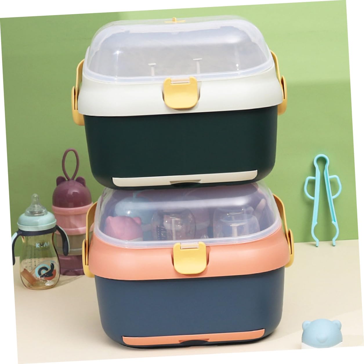 HEMOTON Babyflaschen aufbewahrungsbox Groß mit Deckel Staubdicht Babyflaschen trockengestell mit Ablage für Babytassen und Milchflaschen Küchenorganizer Grün weiß