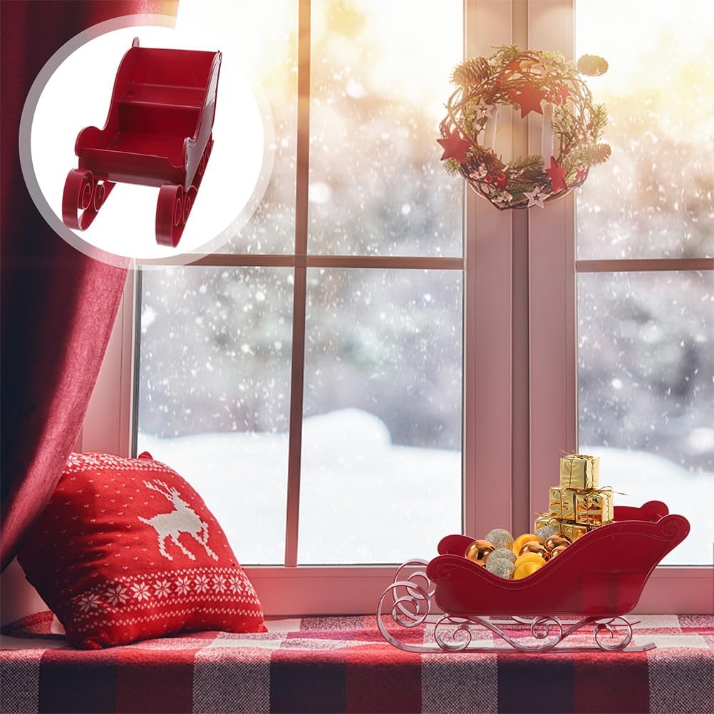 LOGOFUN 4 pcs Christmas Desk Sleigh Decoration Plastic Santa Claus Sleigh Figurine Red Sleigh Tabletop Ornament for Xmas Tree Decoration