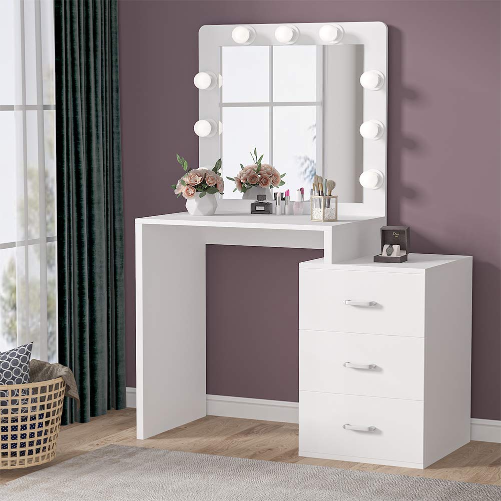 Tribesigns Large Vanity Table with 9 Light Bulbs, Makeup Table with 3 Storage Drawers, Dressing Table Dresser Desk for Women, Girls, Bedroom, Bathroom (White)