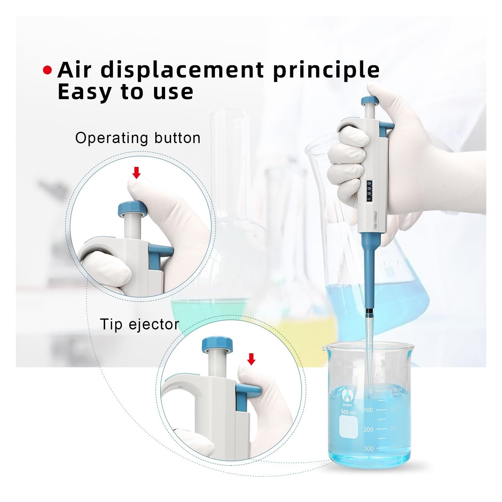 pipeta de Laboratorio, Pipeta automática de Laboratorio, micropipeta Ajustable un Solo Canal, pipeta Transferencia plástico con Puntas(100-1000ul)