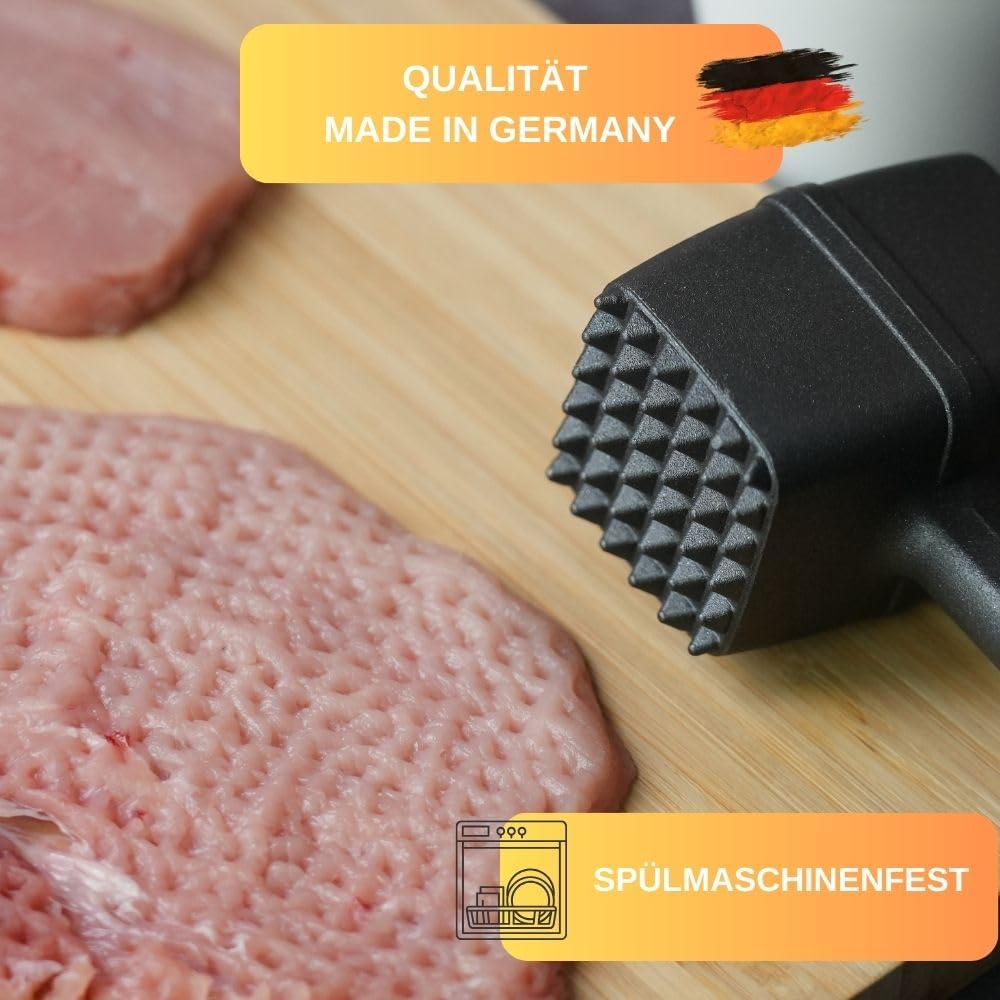 Thiru Premium Fleischklopfer - Fleischhammer für Schnitzel, Kotelett, Steak - Hammer-Kopf mit Zwei Schlagflächen - schonend für Fleisch - inkl. E-Book mit 25 Rezepten - Made in Germany
