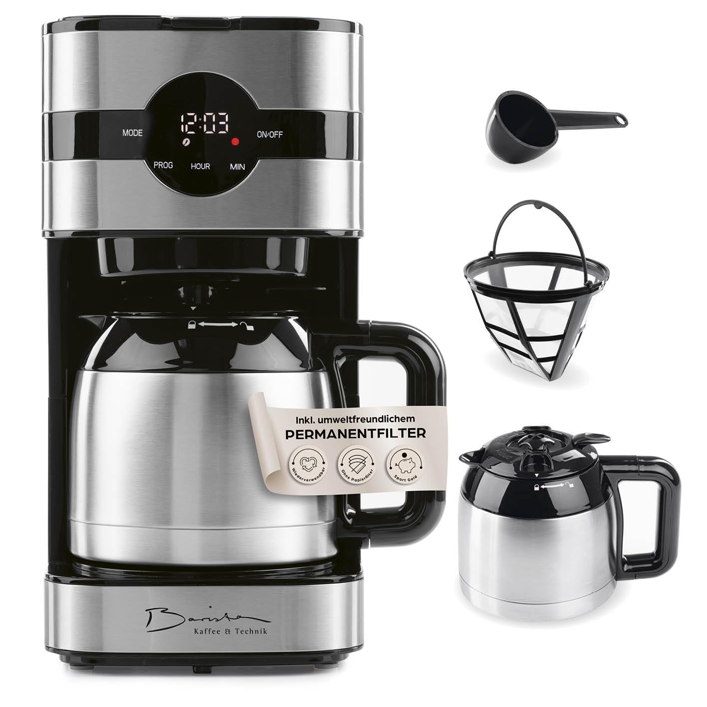Barista Filterkaffeemaschine mit Thermokanne | 24h Timer & Permanentfilter | Für 8 Tassen Kaffee | Kaffeemaschine für Pulver [Edelstahl]