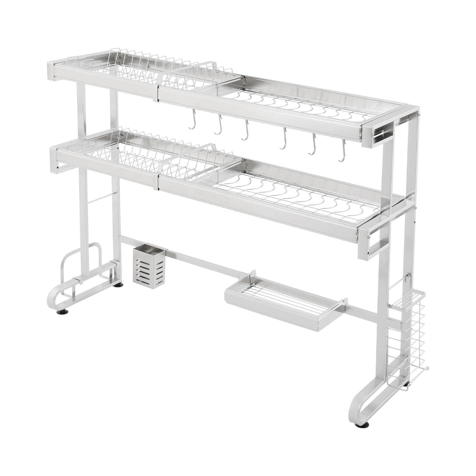 2-stöckiges Geschirrtrockner Abtropfgestell über der Spüle, Edelstahl 304, erweiterbar 64-103cm, Silber, mit Essstäbchenkorb und Messerhalter