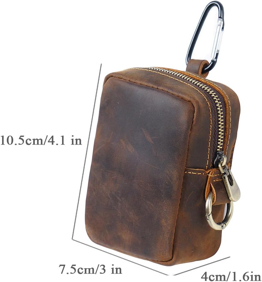 Crazy Horse Leather Coin Purse Retro Zipper Wallet Genuine Leather Coin Pouch for Men Small Leather Change Purse with Key Ring for Travel