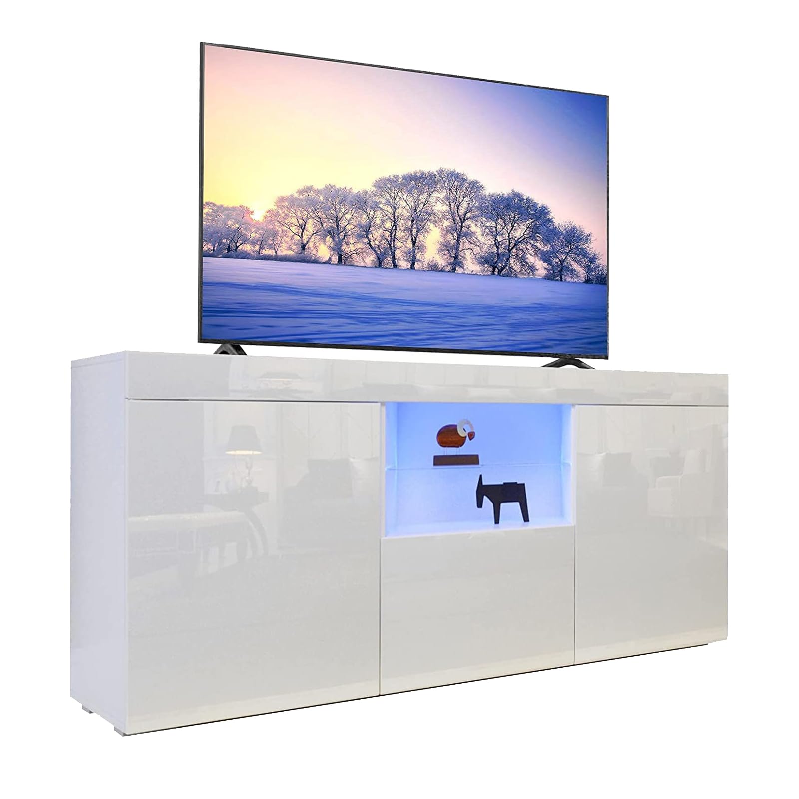 Dripex 135cm LED TV Cabinet Modern Tall TV Stand with Ambient lights Entertainment Unit Cupboard with Storage Furniture for Living Room for 22”-55” TV Entire Front High Gloss White, Home Office