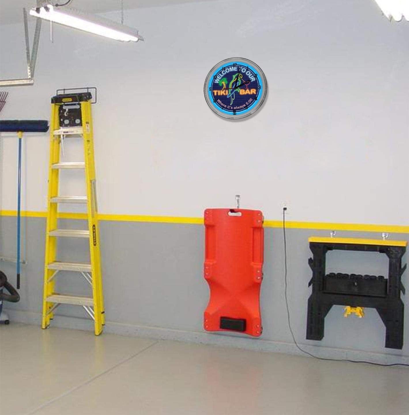 Neon Themed Parrot Tiki Bar 16" Light Up Green Neon Clock