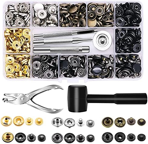 Alritz 120 Set Leather Snap Fasteners Kit with Hammer Puncher, 12.5mm Metal Button Snaps Press Studs with 4 Setter Tools for Clothes, Jackets, Jeans Wears, Bracelets, Bags