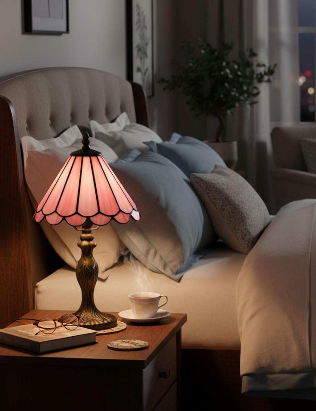 Blush Pink Tiffany Table Lamp, 8" Handmade Stained Glass Shade with Resin Base, 15" Vintage Desk Lamp for Bedroom, Girls Room, Nursery - Includes Warm White Bulb