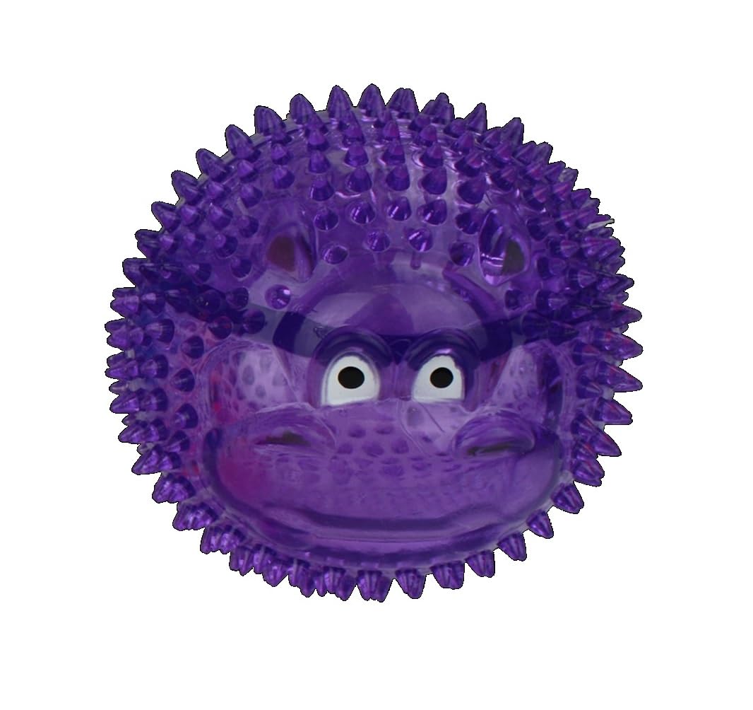 Dog Toys 3.25 inch Lighted Rubber Translucent Colorful Spikey Animal Face Balls (Purple Hippo)