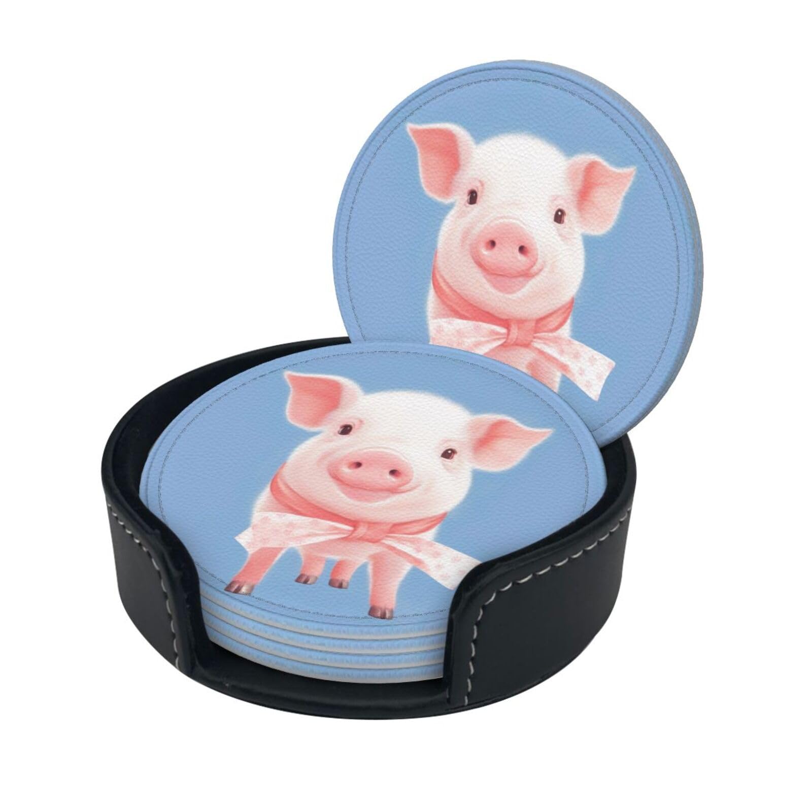 Stylish Coasters - Pig Set of 6 Round Leather Drink Coasters with Holder - Perfect Size for Cups and Glasses