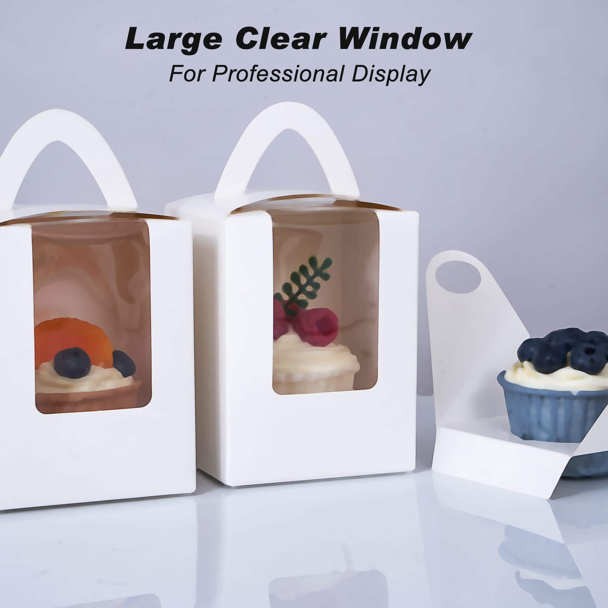 Zzrywuty Paquete de 60 cajas portátiles individuales para cupcakes con asa, 3.5 x 3.5 x 4.5 pulgadas, cajas de repostería con ventana para galletas, fresas de chocolate, postre, donas, cupcakes