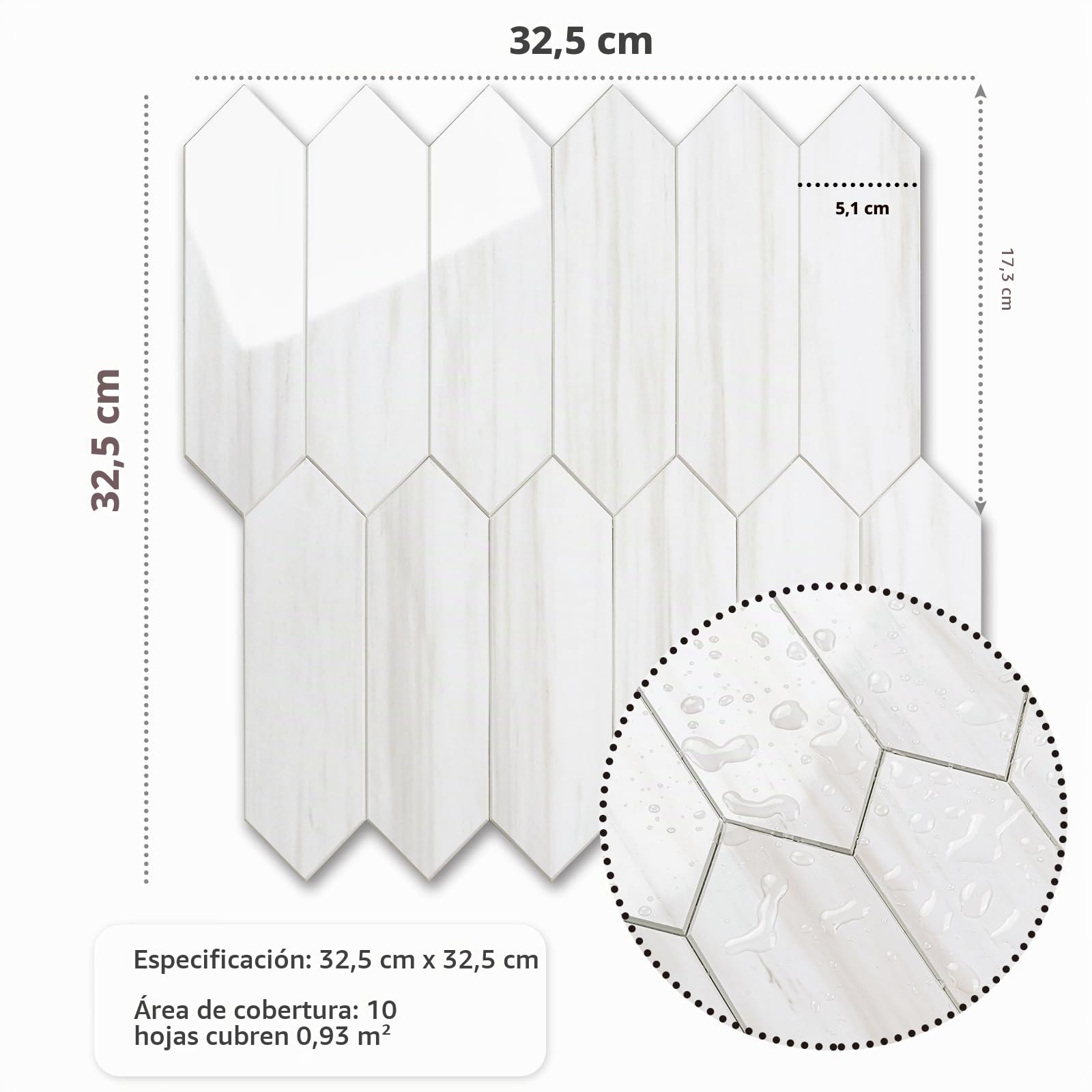 Vamos Tile Azulejo de dolomita brillante blanco para despegar y pegar, 12.8 x 12.8 pulgadas, 10 hojas de PVC hexagonales de largo, azulejos de mosaico autoadhesivos para pared de cocina y baño
