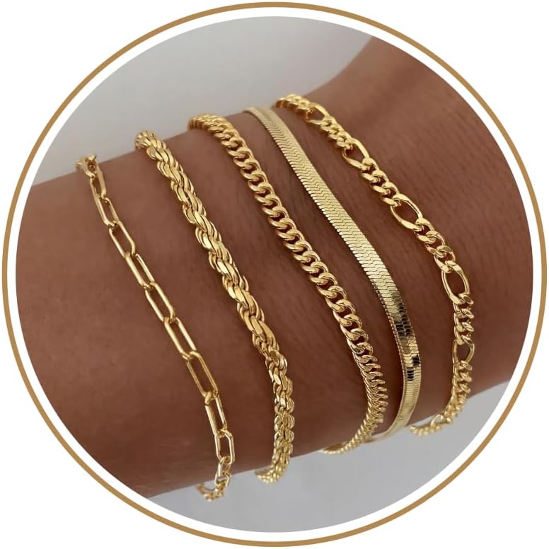 Gold Bracelets for Women Waterproof, Stackable 14K Gold Plated Rope Cuban Snake Paperclip Figaro Link Chain Pack, Non Tarnish Jewelry Sets Gifts for Women Mom Her